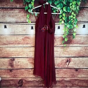 BCBG Max Azria Halter 100% Silk Chiffon Crimson Red Midi Dress Size 10 Low VNeck